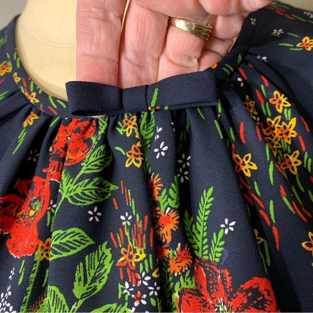 Vintage 70s Floral Maxi Dress Blue Colorful Sz 8 Sheer Long Sleeve Elegant Gown - Picture 7 of 16